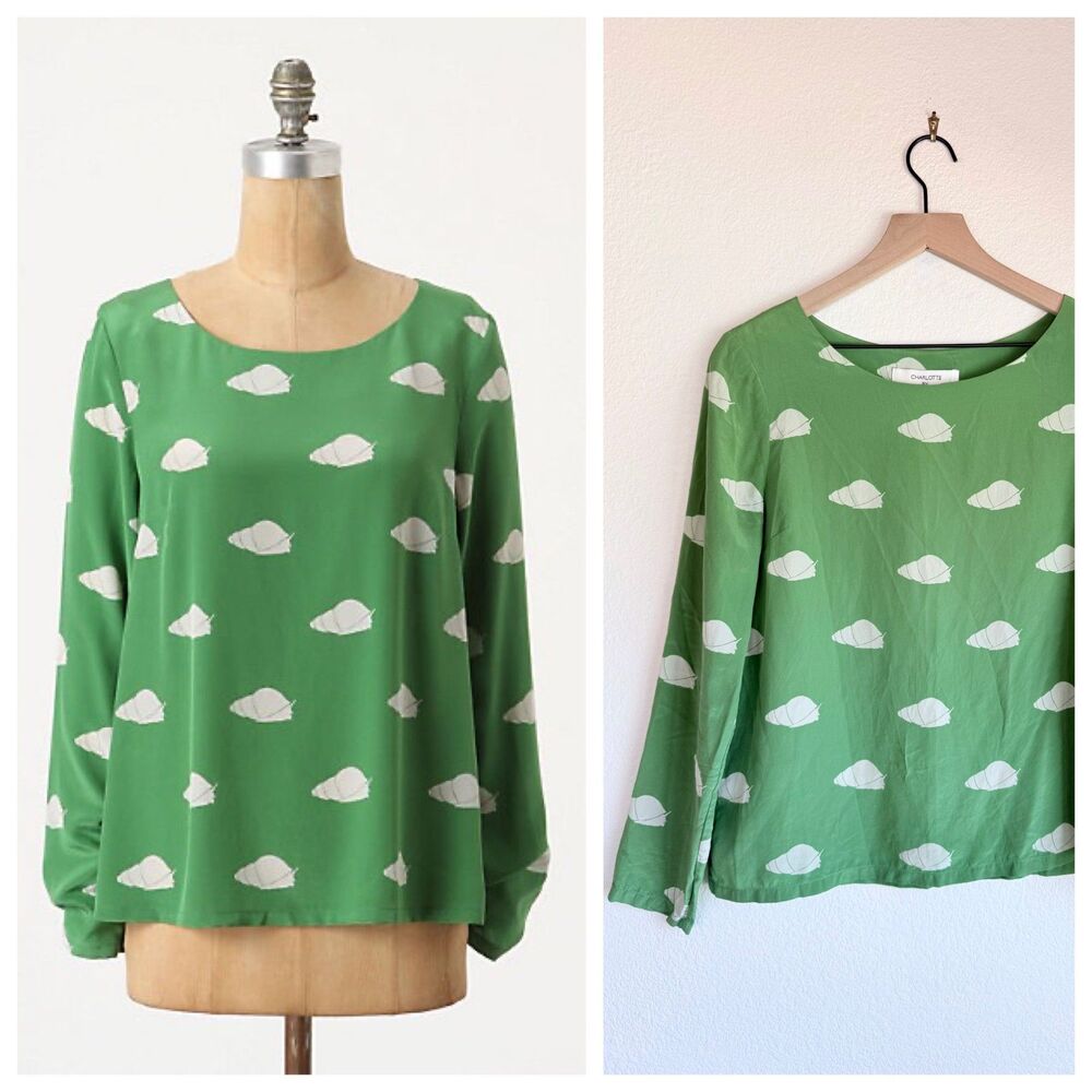 Rare Anthropologie Charlotte Taylor 100% Silk Green Snail Print Blouse Sz 8 EUC